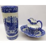 Victorian Ironstone style blue and white wash jug and bowl and stick stand,