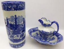 Victorian Ironstone style blue and white wash jug and bowl and stick stand,