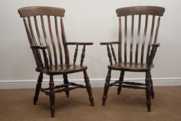 Pair Victorian style stained beech farmhouse armchairs, turned supports,