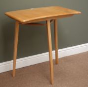 Ercol style shaped table, three tapering supports, W69cm, H74cm,