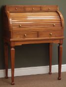 Hardwood tambour roll top bureau, with fitted interior, two drawers, square tapering supports,