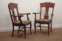 Pair early 20th century oak carver armchairs, carved cresting rail, upholstered seat,