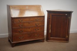 Georgian inlaid oak bureau, fall front enclosing fitted interior and leather insert,