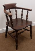 19th century elm smokers bow chair, turned supports with double H stretcher base,