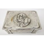 Arts & Crafts silver-plated casket, the lid embossed with a portrait of Captain Cuttle,