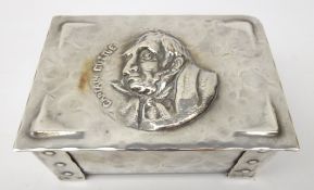 Arts & Crafts silver-plated casket, the lid embossed with a portrait of Captain Cuttle,