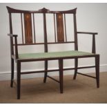 Art Nouveau period inlaid mahogany two seat salon settee, shaped cresting rail, upholstered seat,