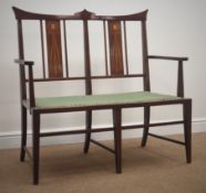 Art Nouveau period inlaid mahogany two seat salon settee, shaped cresting rail, upholstered seat,