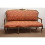 19th century gilt framed serpentine front settee, carved cresting rail, upholstered back,