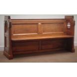 Victorian Gothic revival stained pine pew, panelled back, pierced solid end supports, W165cm, H90cm,
