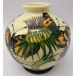 Moorcroft vase decorated with Butterflies amongst Thistles, by Emma Bossons, dated 2008,