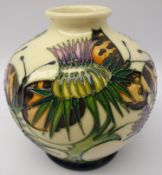 Moorcroft vase decorated with Butterflies amongst Thistles, by Emma Bossons, dated 2008,