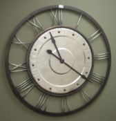 Large metal framed circular wall clock with stainless steel numerals, battery movement,