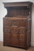 18th century style heavily carved oak secretaire court cupboard,