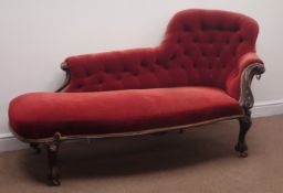 Victorian walnut framed chaise lounge, upholstered in red fabric with deeply buttoned back,
