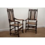 Pair Carolean style oak armchairs, cresting rail relief carved with putti holding crown,