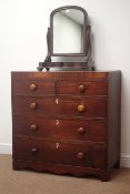 19th century inlaid mahogany chest, two short and three long drawers, shaped plinth base (97cm,
