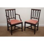 Set eight (6+2) early 20th century inlaid mahogany dining chairs, upholstered seat,