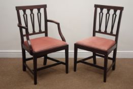 Set eight (6+2) early 20th century inlaid mahogany dining chairs, upholstered seat,