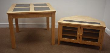 Beech corner television stand, two glazed doors enclosing shelves,