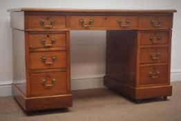 19th century mahogany twin pedestal desk, leather inset top, nine drawers, plinth base on castors,