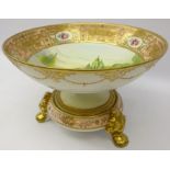 Noritake porcelain pedestal bowl, interior painted with swans in a wooded river landscape,