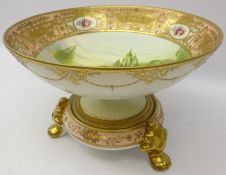 Noritake porcelain pedestal bowl, interior painted with swans in a wooded river landscape,