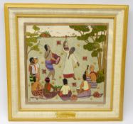 South Asian framed silk needlework depicting figures playing musical instruments limited ed.