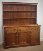20th century solid mahogany dresser, projecting cornice, two plate shelves,