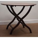 Late 19th century circular mahogany coaching table, shaped supports, turned stretchers,