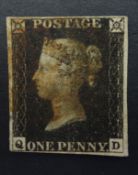 Queen Victoria 1d black stamp, four margins,
