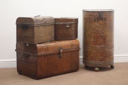 Vintage cylindrical flour bin, hinged lid and clasp, castors (D48cm, H84cm),