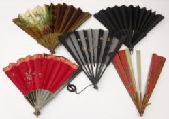 19th century and later fans including a black silk example, another silk fan painted with a bird,