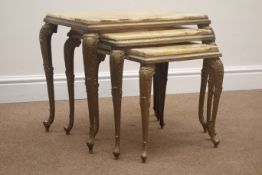 Brass and onyx retro nest of three tables, cabriole legs, W54cm, H45cm,