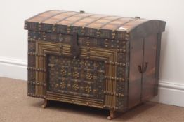 Small Zanzibar wooden chest, metal and stud straps, hinged lid enclosing fitted interior,