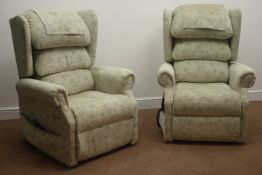 Pair CosiChair electric riser reclining armchairs, upholstered in a green floral fabric,