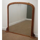 Large Victorian rectangular arched over mantel mirror with moulded pine frame, W130cm,