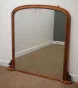 Large Victorian rectangular arched over mantel mirror with moulded pine frame, W130cm,