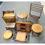 Edwardian oak smokers cabinet, rustic oak stool, three other stools, folding chair,