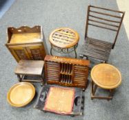 Edwardian oak smokers cabinet, rustic oak stool, three other stools, folding chair,