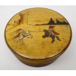 Continental turned beech box, the top decorated with Knights Jousting, incised with monogram,