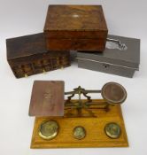 Brass and oak scales with brass weights, mother of pearl inlaid box,