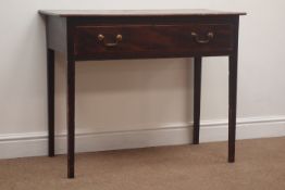 19th century stained pine side table, single drawer, square tapering supports, W91cm, H74cm,