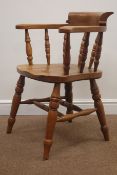 20th century oak tub shaped captains chair, turned supports and stretchers,