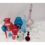 Eleven pieces of coloured glassware including Art Nouveau honey pot with plated lid,