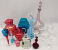 Eleven pieces of coloured glassware including Art Nouveau honey pot with plated lid,
