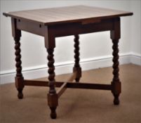 Early 20th century oak drawer leaf dining table, barley twist supports, 'X' shaped stretchers,