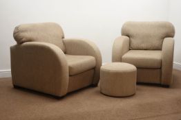 Pair Art Deco style armchairs upholstered in a beige fabric (W83cm) with matching footstool