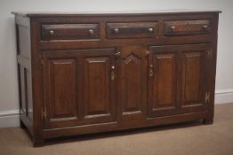 18th century oak dresser base, three drawers above two panelled doors, stile end supports, W142cm,