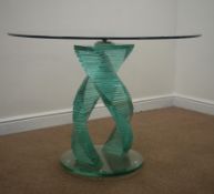 Circular glass table with double staggered twisting columns on base, D106cm,